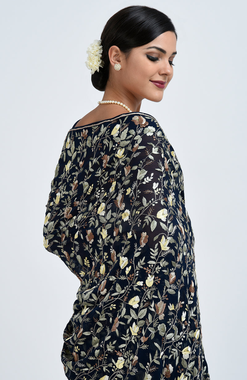 Masterpiece Midnight Blue Parsi Gara Hand Embroidered Saree