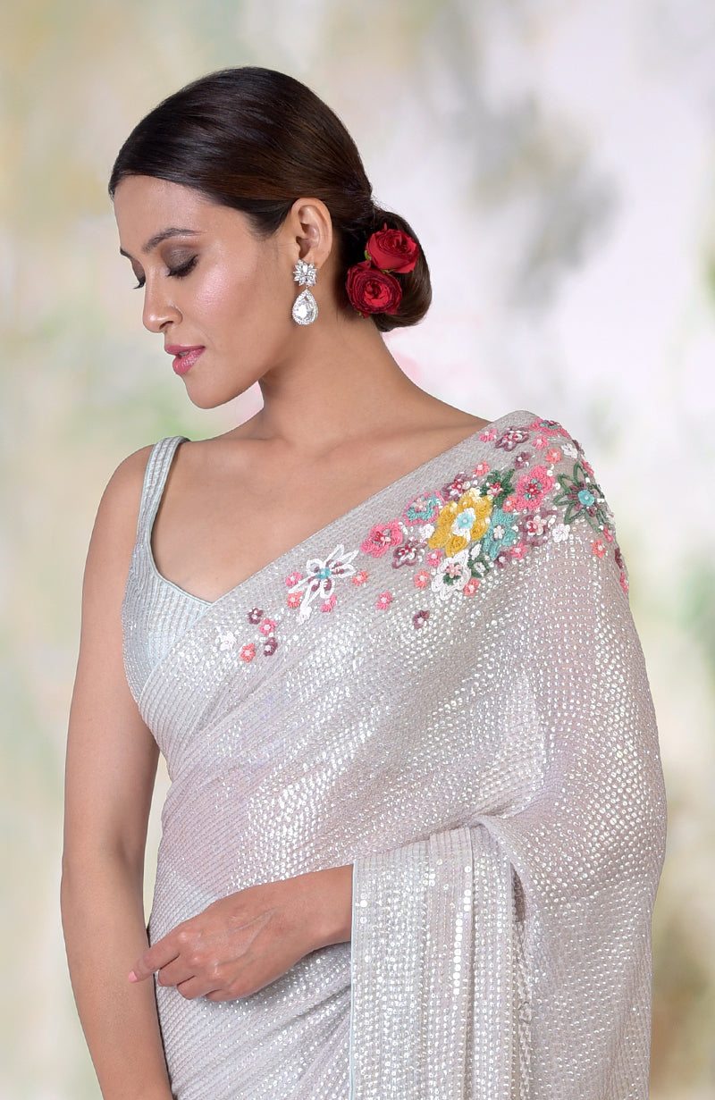 Whispering Blue Floral Sequin Hand Embroidered Saree (Pre-stitched ready to wear)