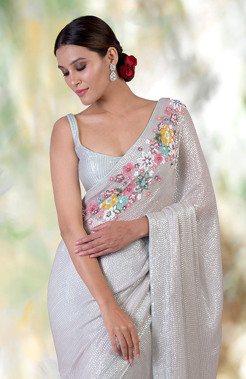 Whispering Blue Floral Sequin Hand Embroidered Saree (Pre-stitched ready to wear)