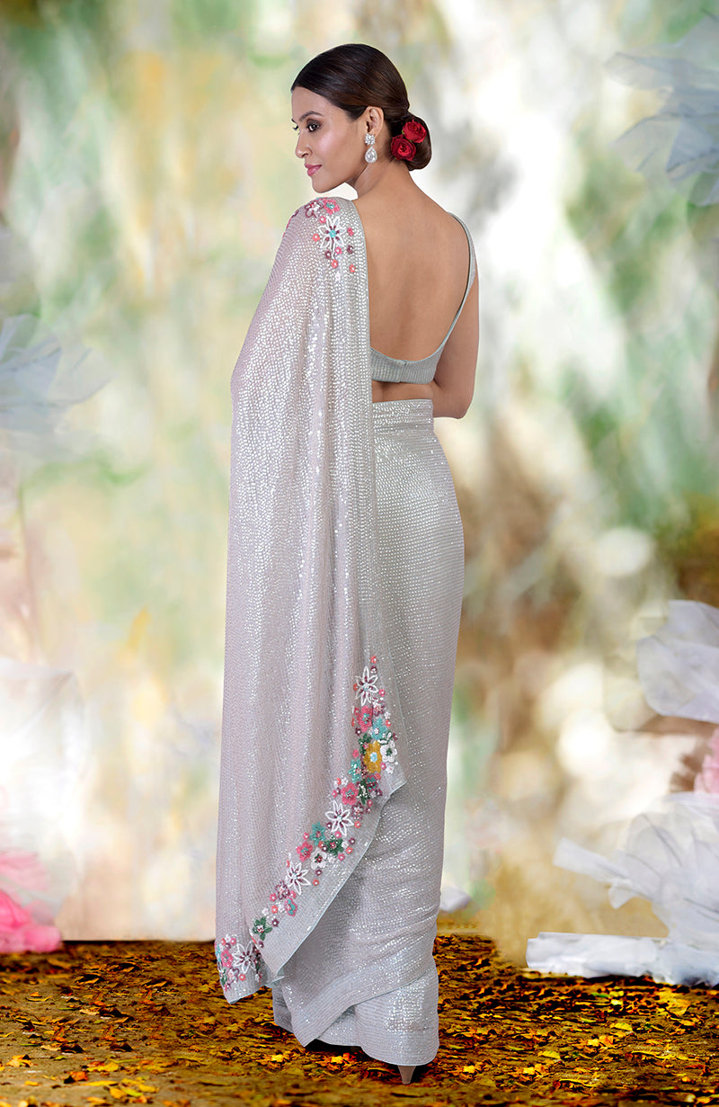 Whispering Blue Floral Sequin Hand Embroidered Saree (Pre-stitched ready to wear)