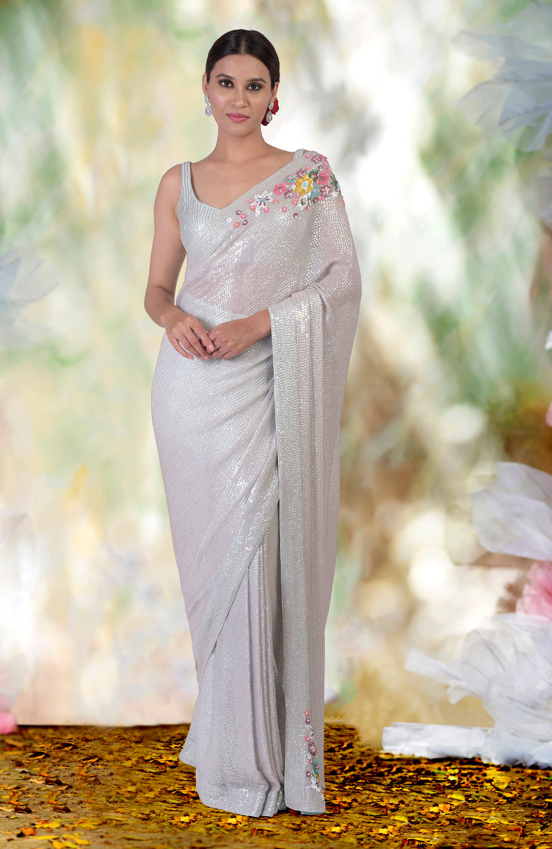 Whispering Blue Floral Sequin Hand Embroidered Saree (Pre-stitched ready to wear)