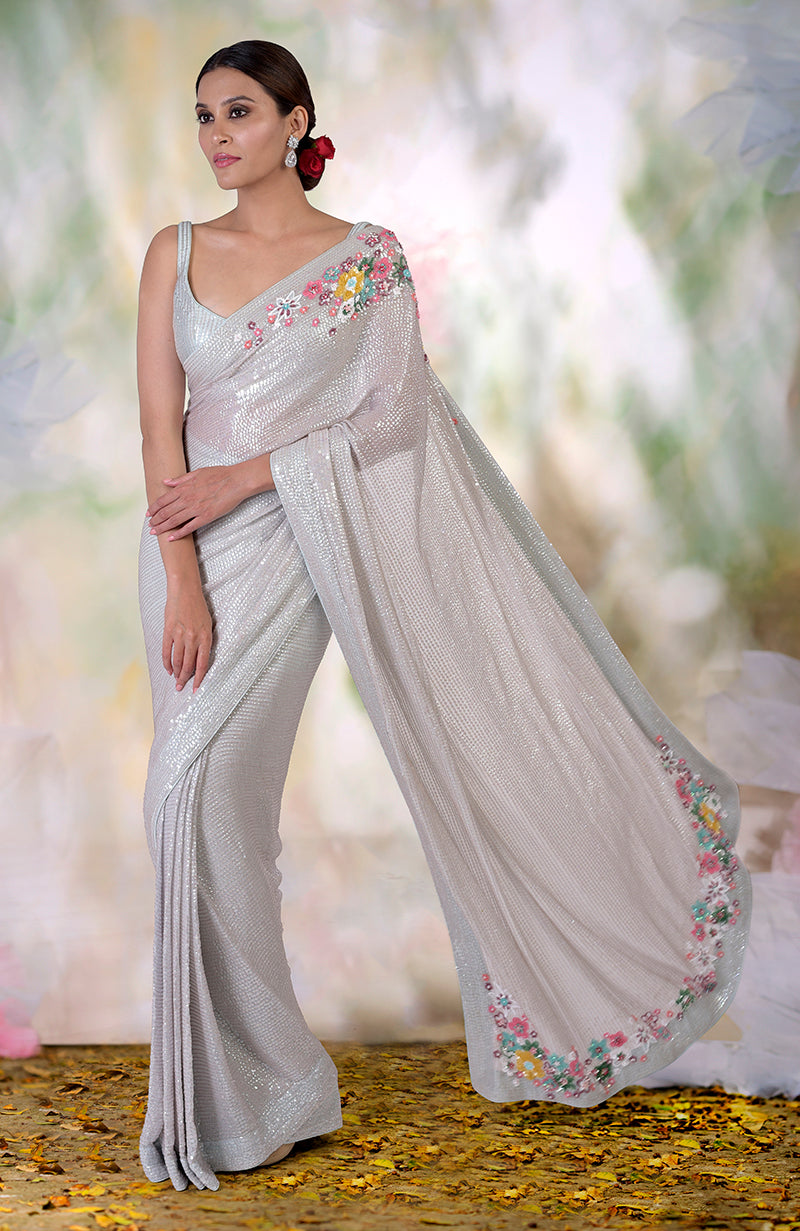 Whispering Blue Floral Sequin Hand Embroidered Saree (Pre-stitched ready to wear)