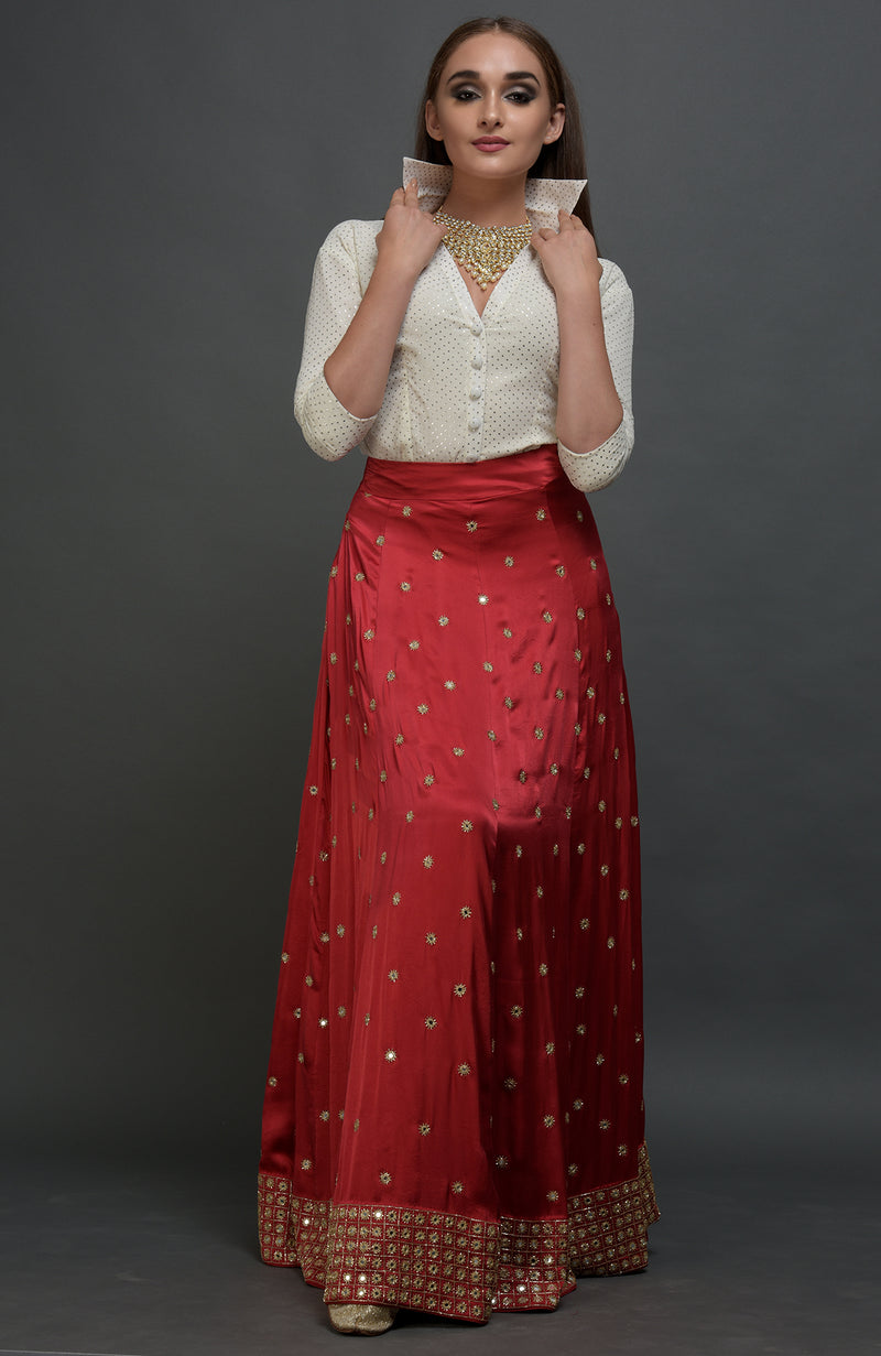 Royal Red Mirror Work and Zardozi Skirt With Mukaish Blouse