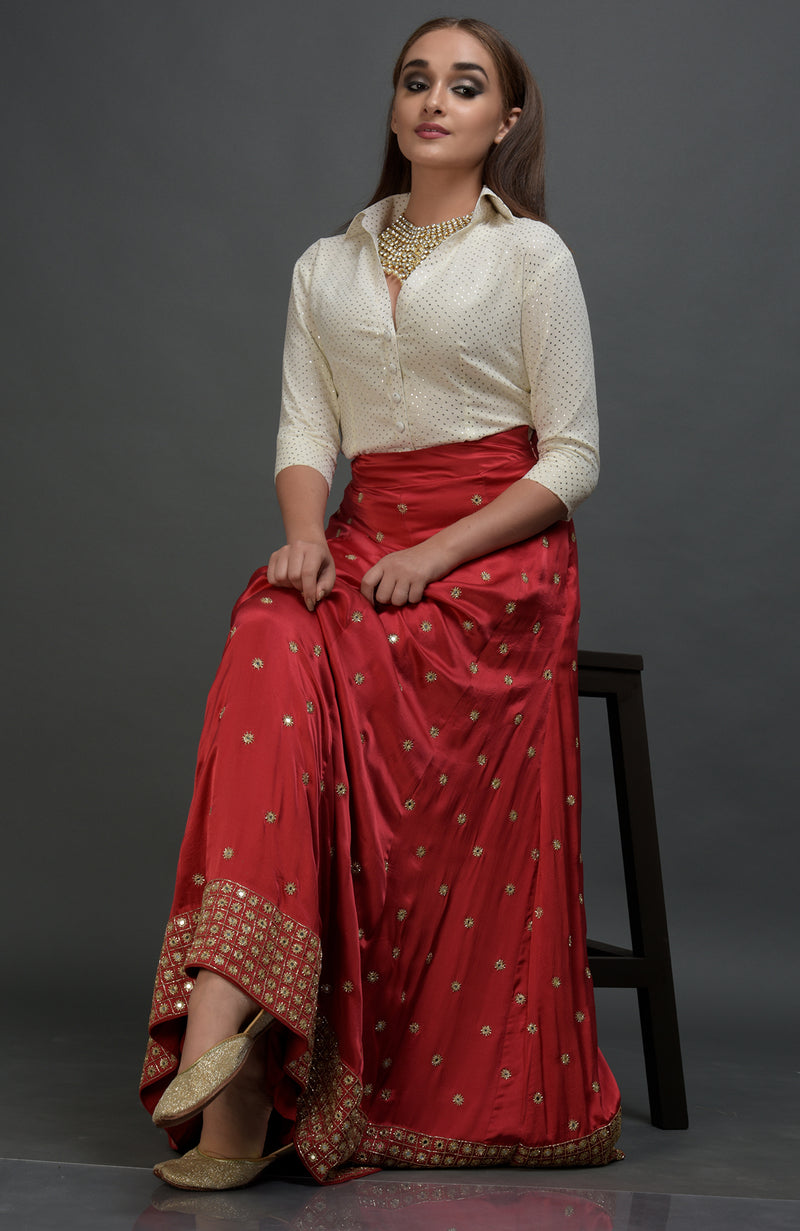 Royal Red Mirror Work and Zardozi Skirt With Mukaish Blouse