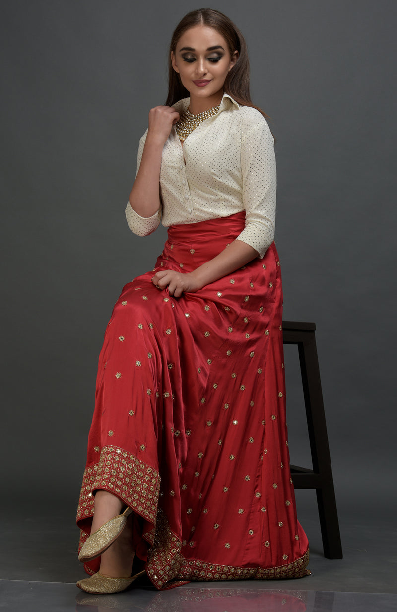 Royal Red Mirror Work and Zardozi Skirt With Mukaish Blouse