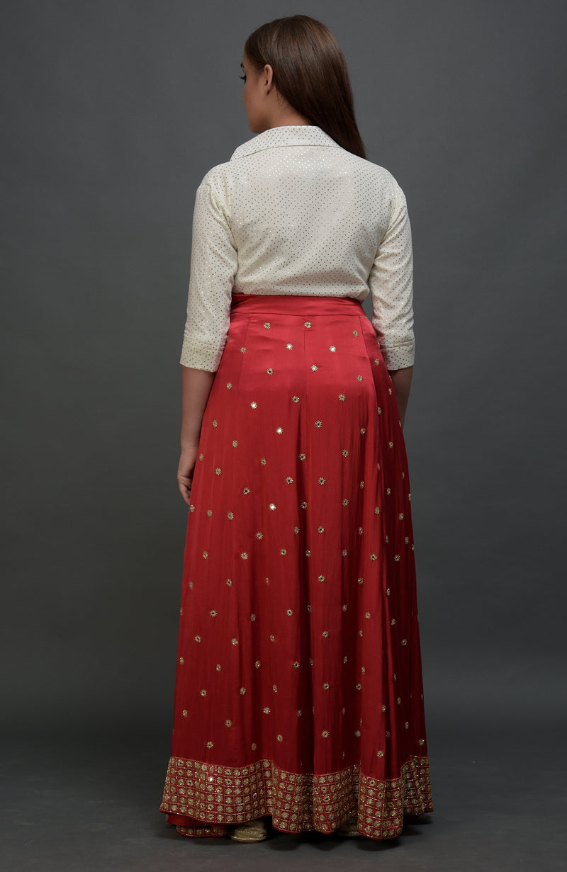 Royal Red Mirror Work and Zardozi Skirt With Mukaish Blouse