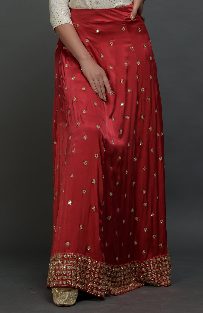 Royal Red Mirror Work and Zardozi Skirt With Mukaish Blouse