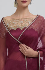 Burgundy Pearl Beads Hand Embroidered Saree & Blouse