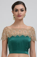 Emerald Green Pearl Beads Hand Embroidered Saree & Blouse