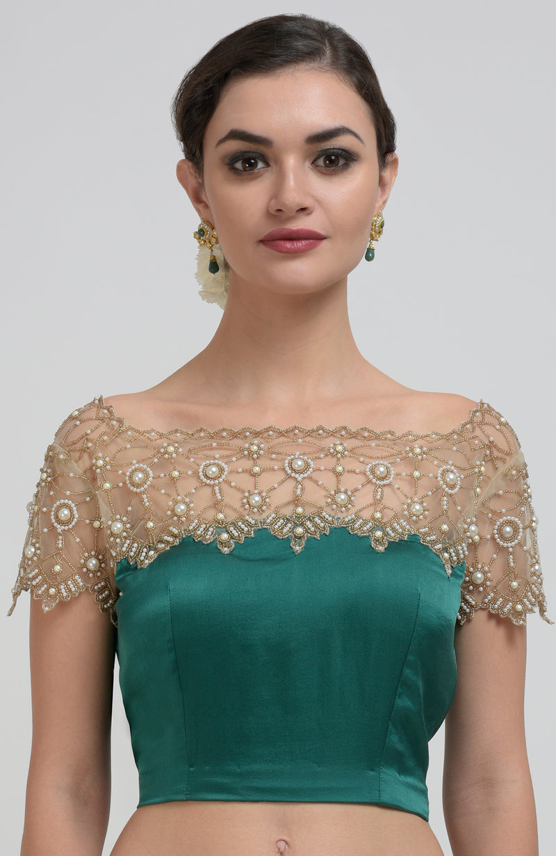 Emerald Green Pearl Beads Hand Embroidered Saree & Blouse