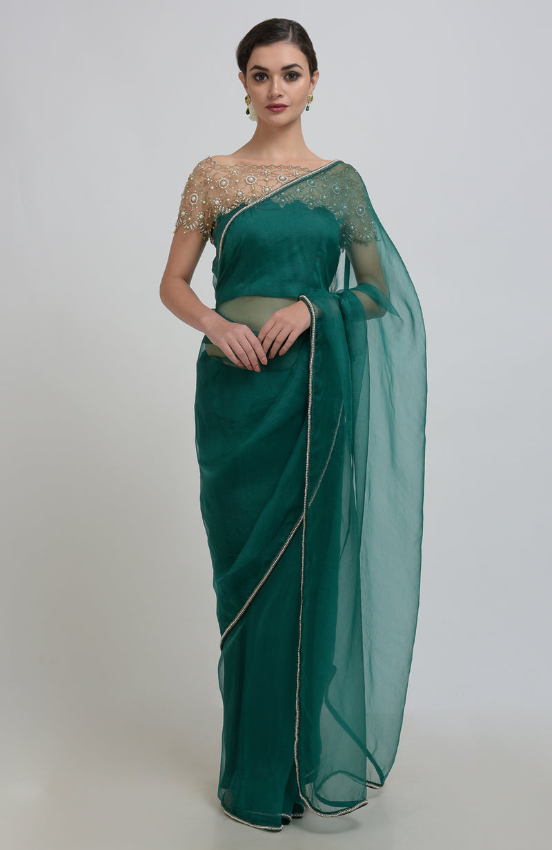 Emerald Green Pearl Beads Hand Embroidered Saree & Blouse