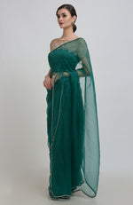 Emerald Green Pearl Beads Hand Embroidered Saree & Blouse