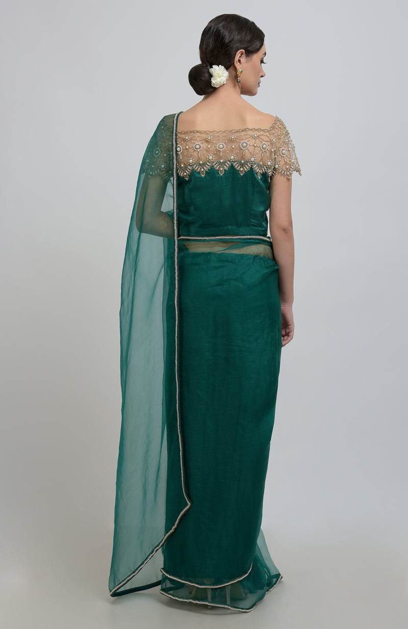 Emerald Green Pearl Beads Hand Embroidered Saree & Blouse
