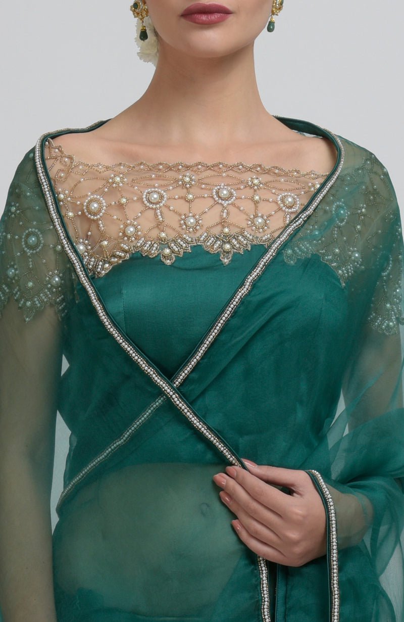 Emerald Green Pearl Beads Hand Embroidered Saree & Blouse