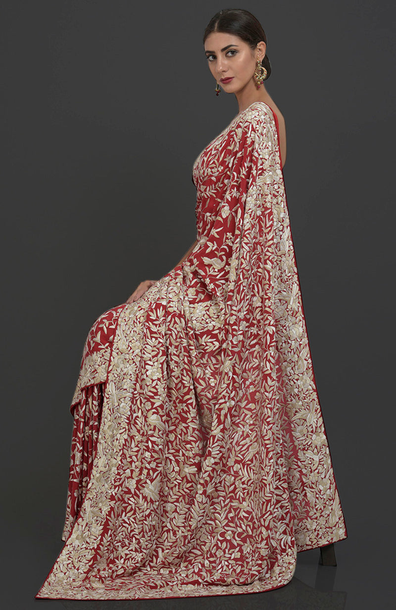 Masterpiece Red Parsi Gara Hand Embroidered Saree