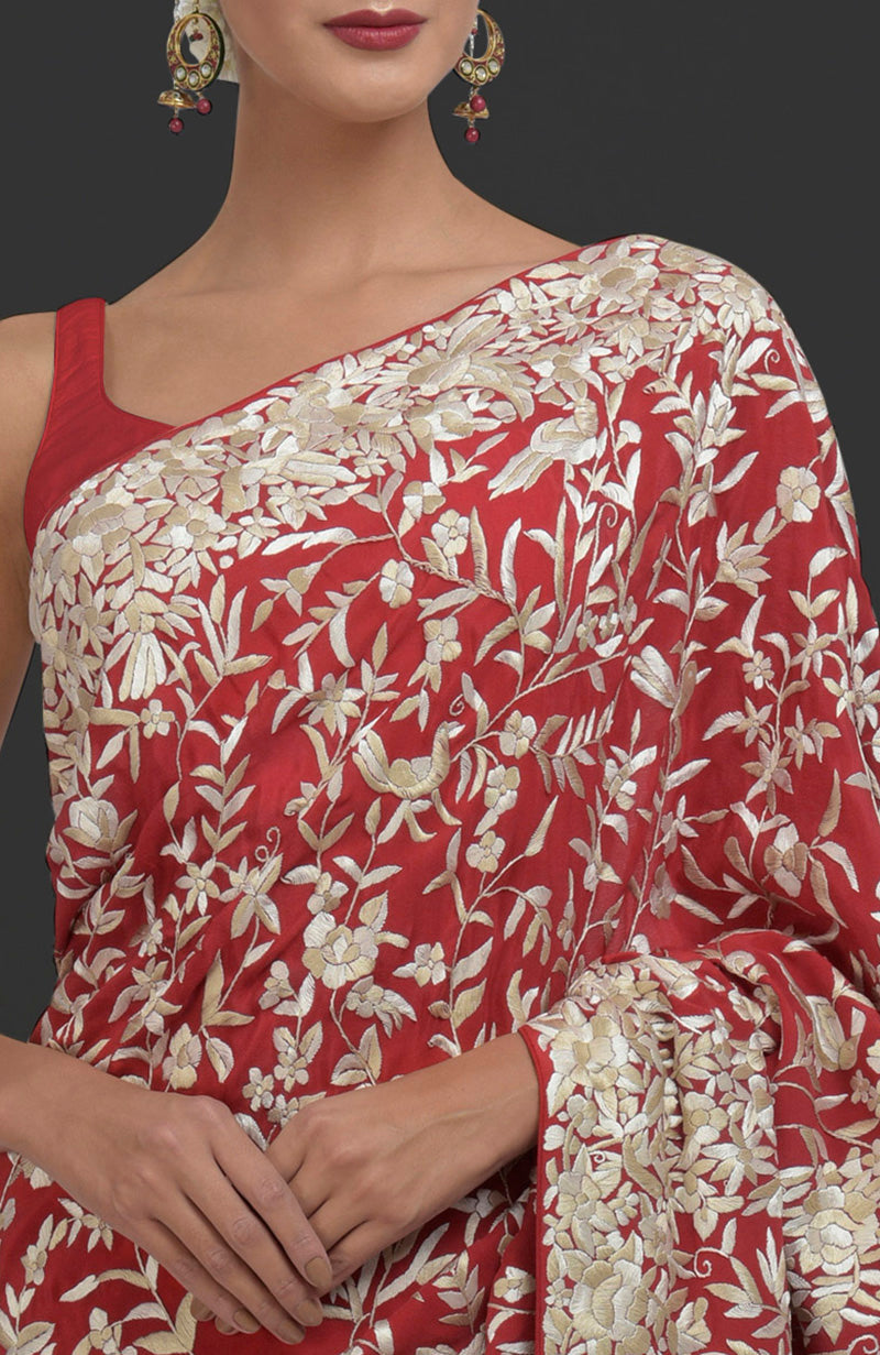 Masterpiece Red Parsi Gara Hand Embroidered Saree