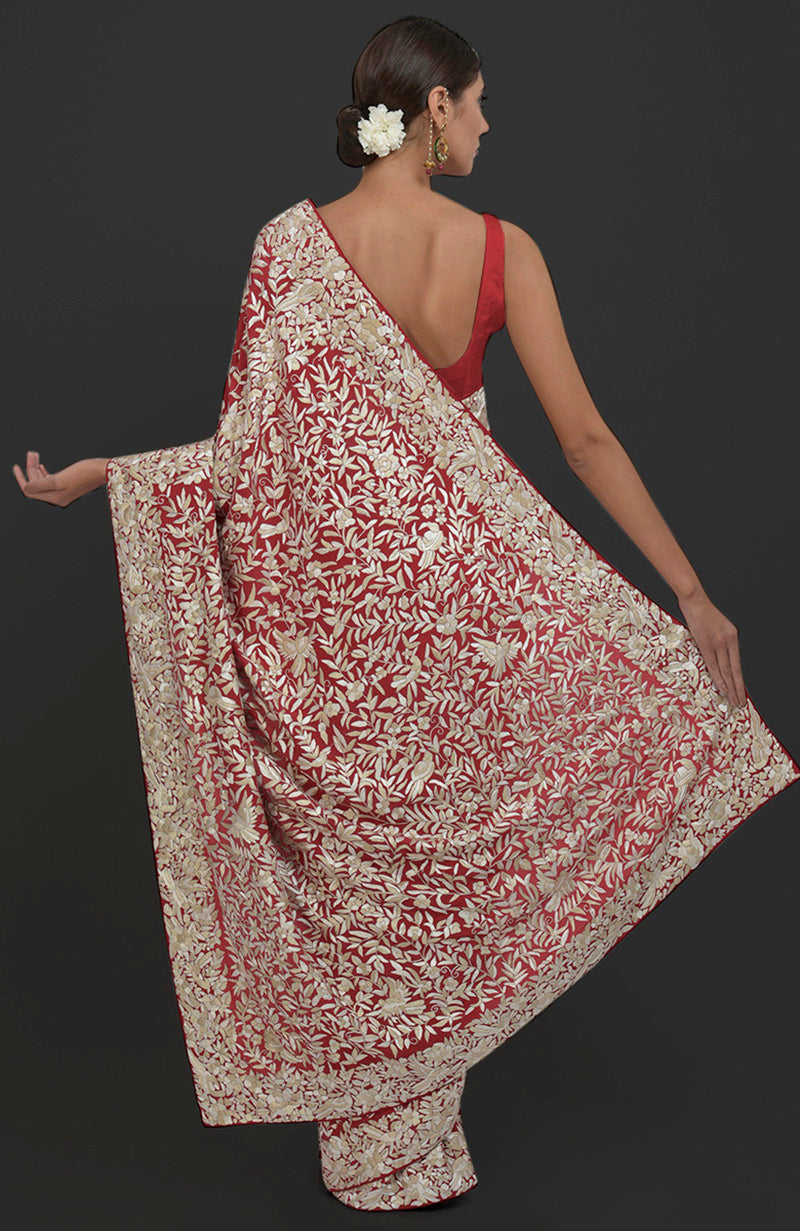 Masterpiece Red Parsi Gara Hand Embroidered Saree