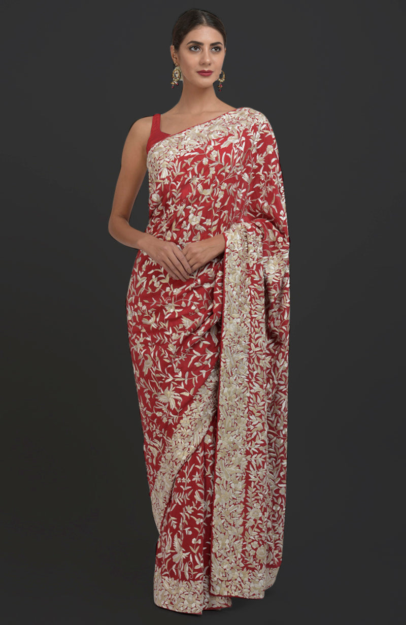 Masterpiece Red Parsi Gara Hand Embroidered Saree