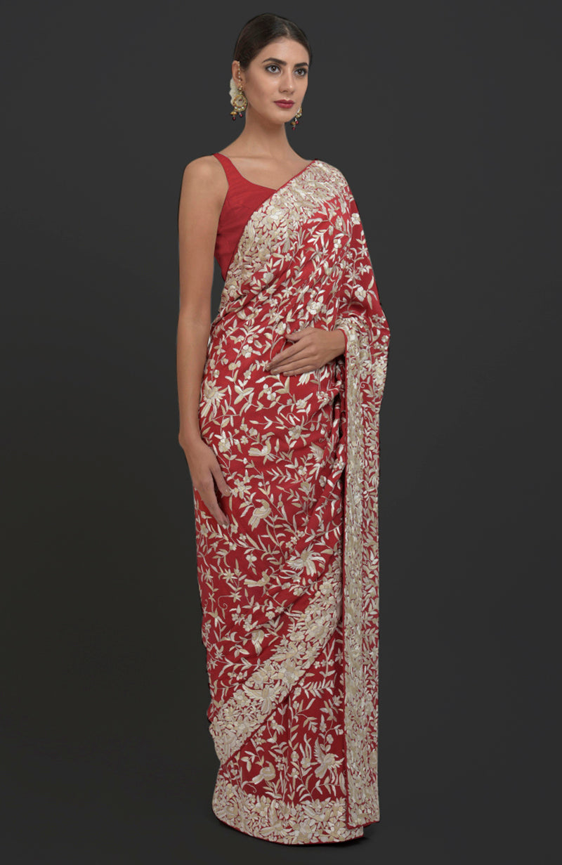 Masterpiece Red Parsi Gara Hand Embroidered Saree
