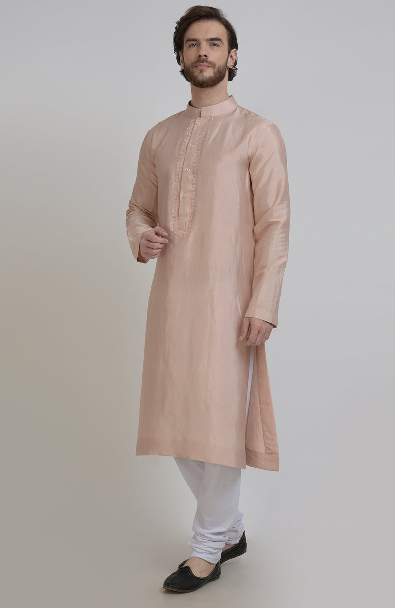 Oyster Pink Silk Kurta With Embroidered Placket Detail