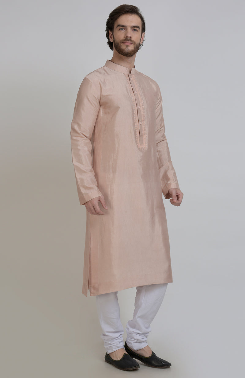Oyster Pink Silk Kurta With Embroidered Placket Detail