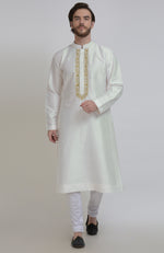 Ivory Silk Kurta With Gold Tilla Embroidered Placket Detail