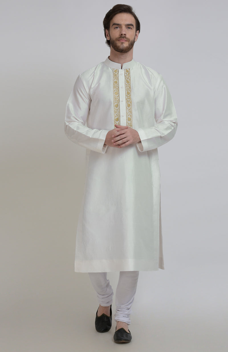 Ivory Silk Kurta With Gold Tilla Embroidered Placket Detail