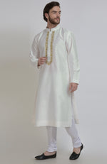 Ivory Silk Kurta With Gold Tilla Embroidered Placket Detail