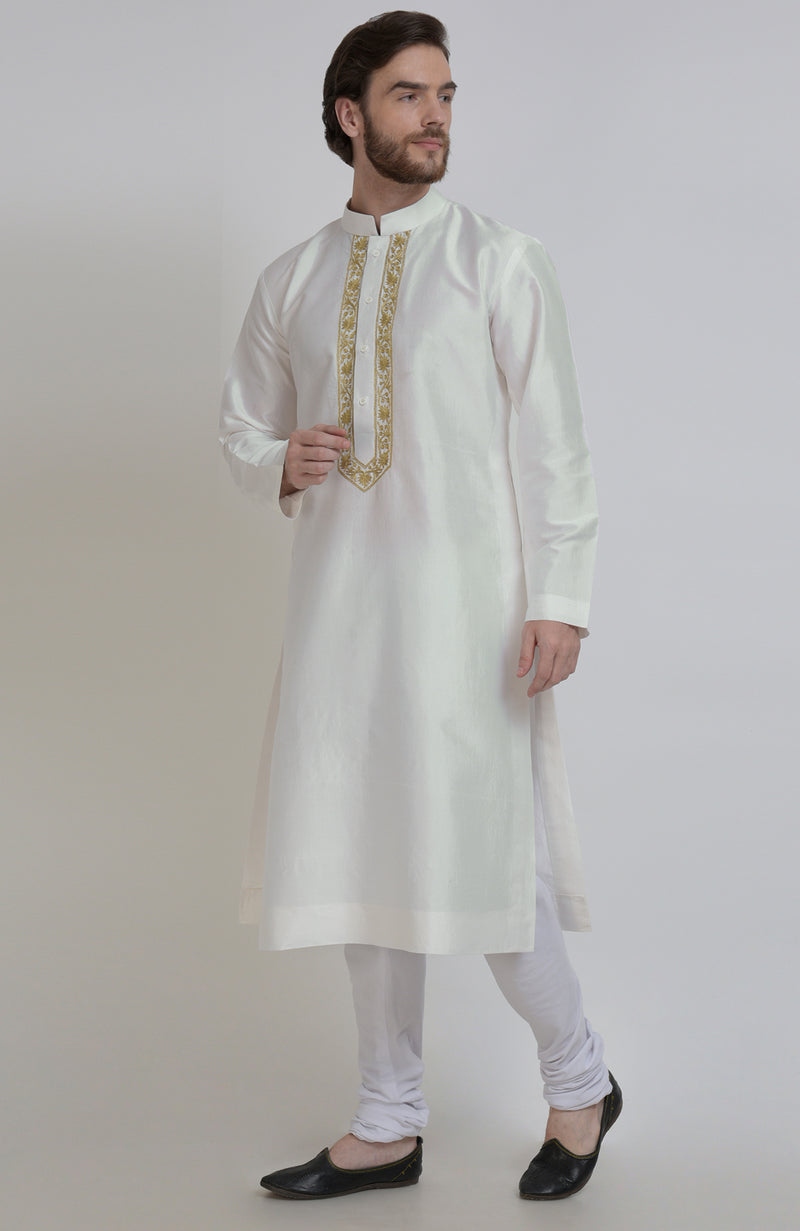 Ivory Silk Kurta With Gold Tilla Embroidered Placket Detail