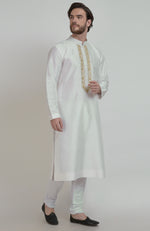 Ivory Silk Kurta With Gold Tilla Embroidered Placket Detail
