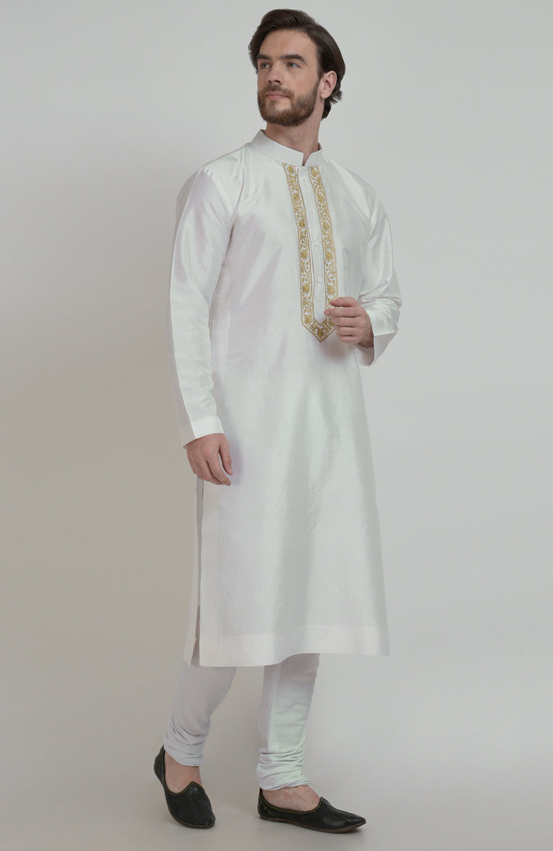 Ivory Silk Kurta With Gold Tilla Embroidered Placket Detail