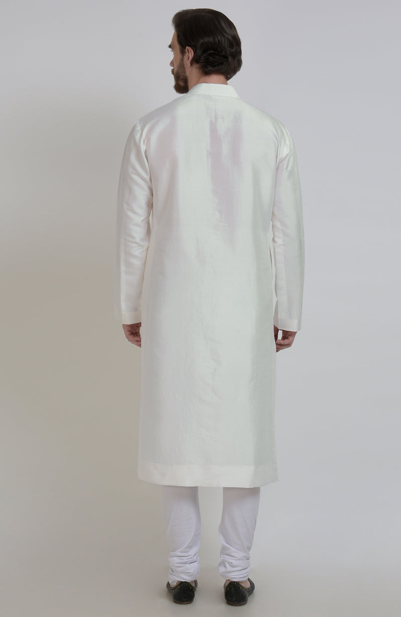 Ivory Silk Kurta With Gold Tilla Embroidered Placket Detail