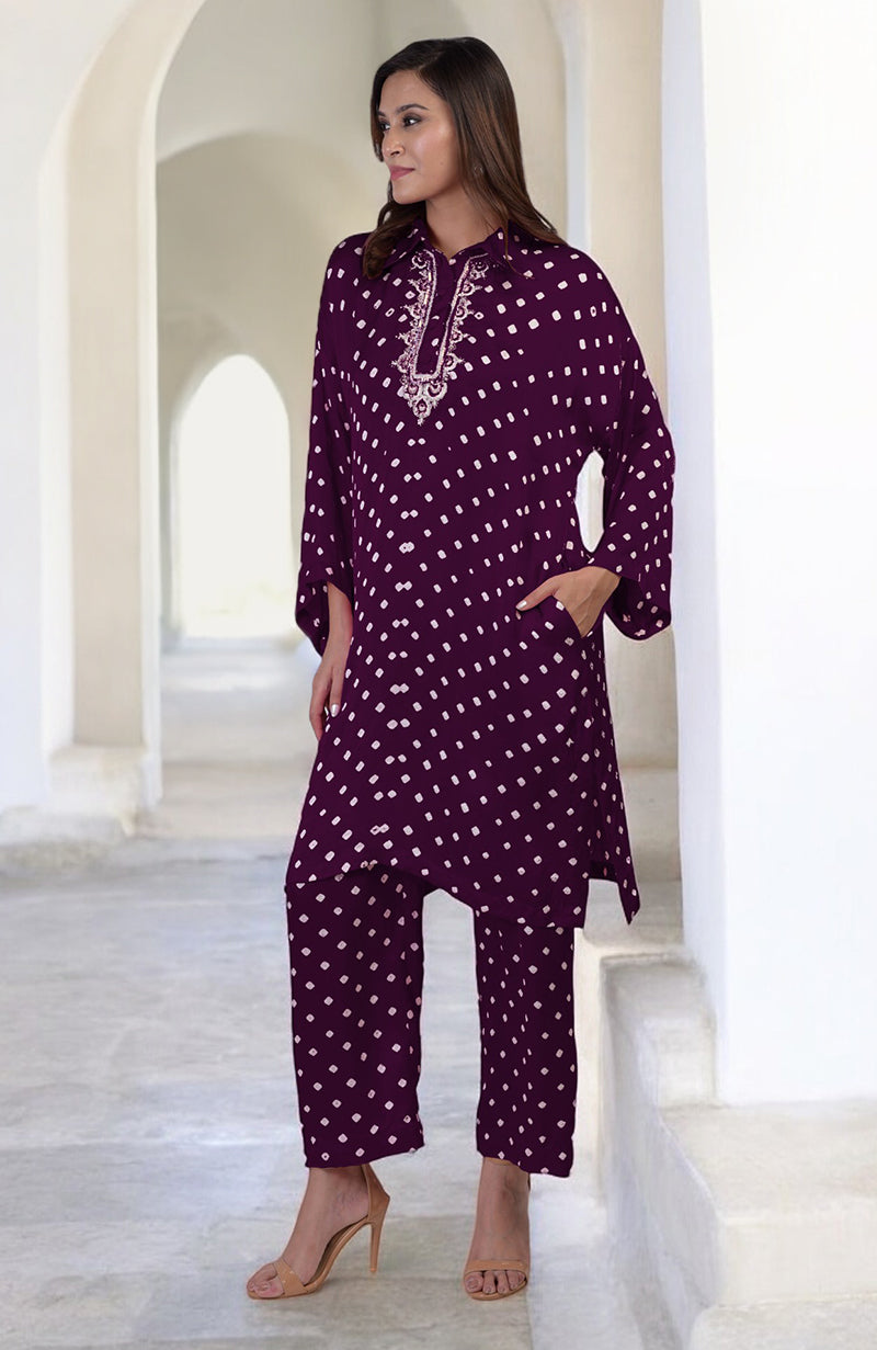 Plum Handcrafted Bandhej Embroidered Co-Ord Set