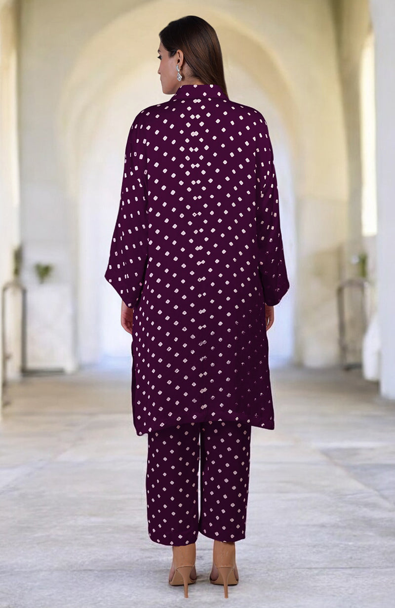 Plum Handcrafted Bandhej Embroidered Co-Ord Set