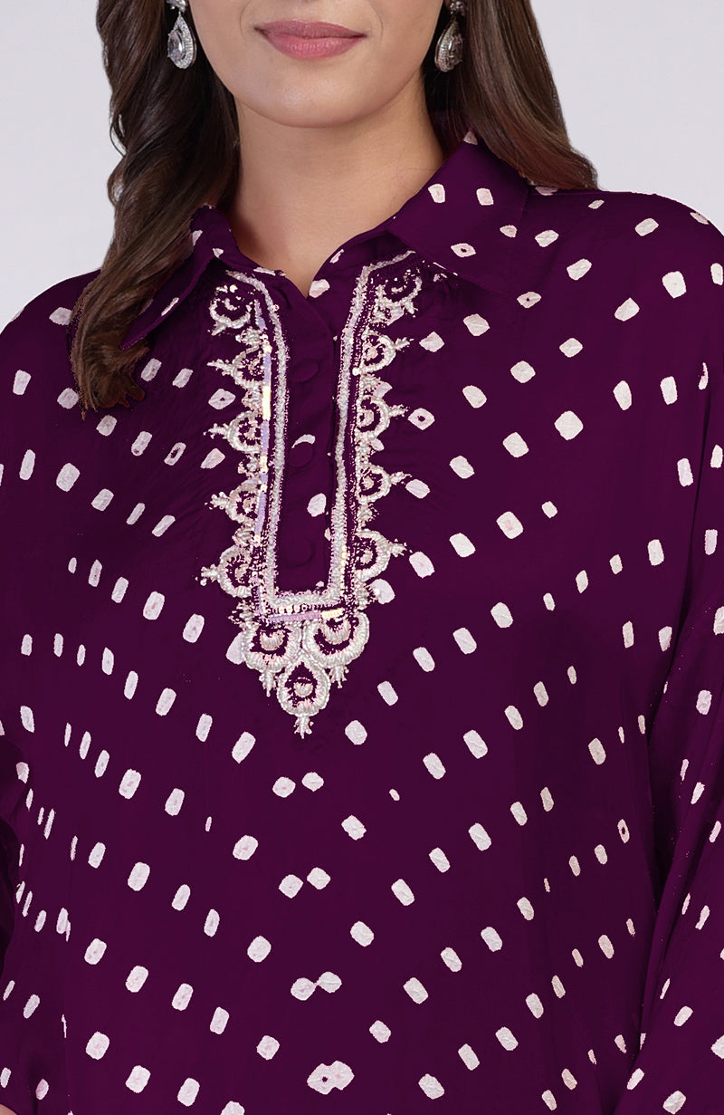Plum Handcrafted Bandhej Embroidered Co-Ord Set