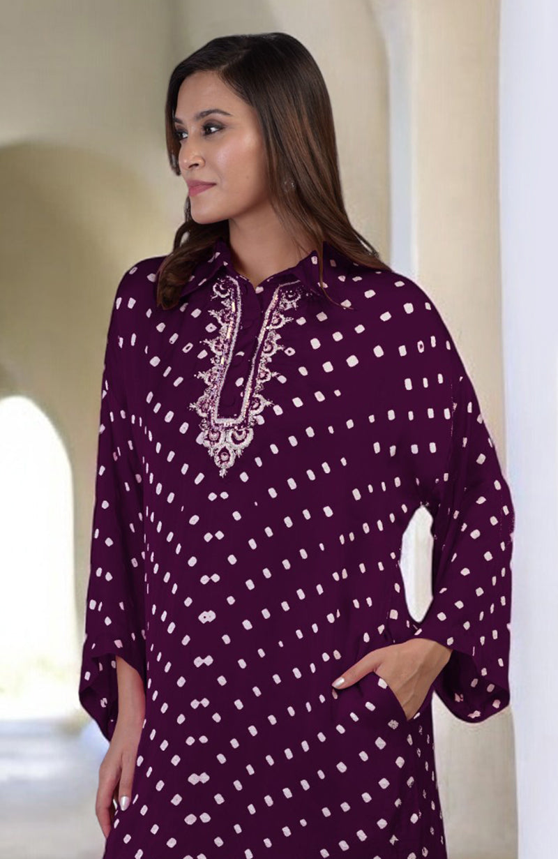 Plum Handcrafted Bandhej Embroidered Co-Ord Set
