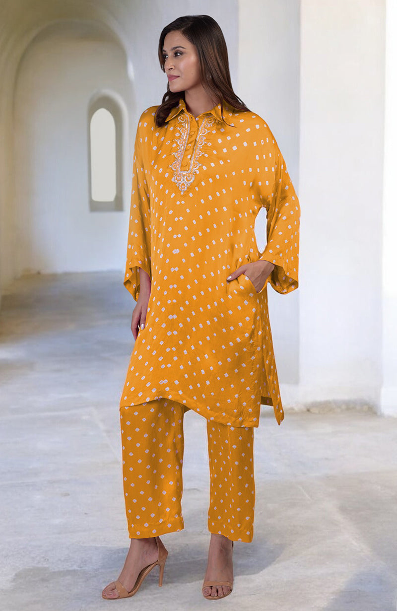 Turmeric Yellow Handcrafted Bandhej Embroidered Co-Ord Set