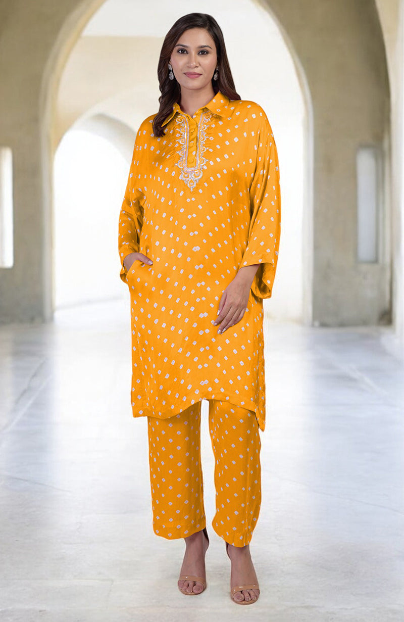 Turmeric Yellow Handcrafted Bandhej Embroidered Co-Ord Set