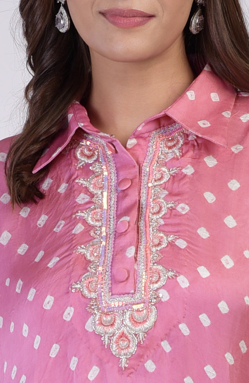Charm Pink Handcrafted Bandhej Embroidered Co-Ord Set