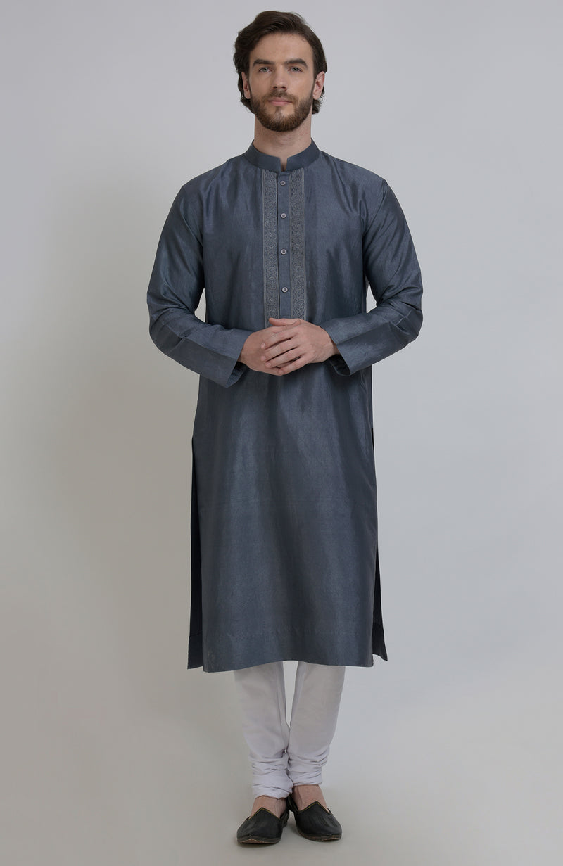 Grey Silk Kurta With Embroidered Placket Detail