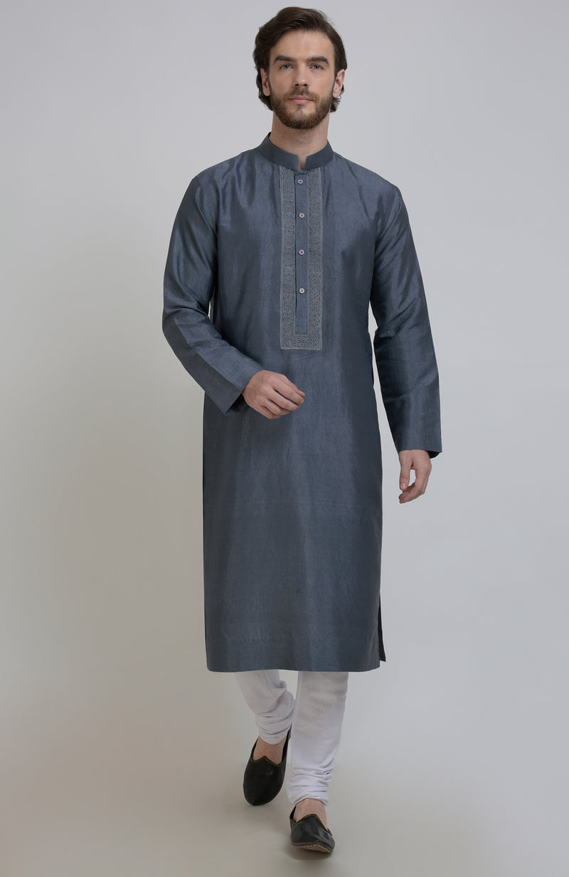 Grey Silk Kurta With Embroidered Placket Detail