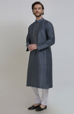 Grey Silk Kurta With Embroidered Placket Detail