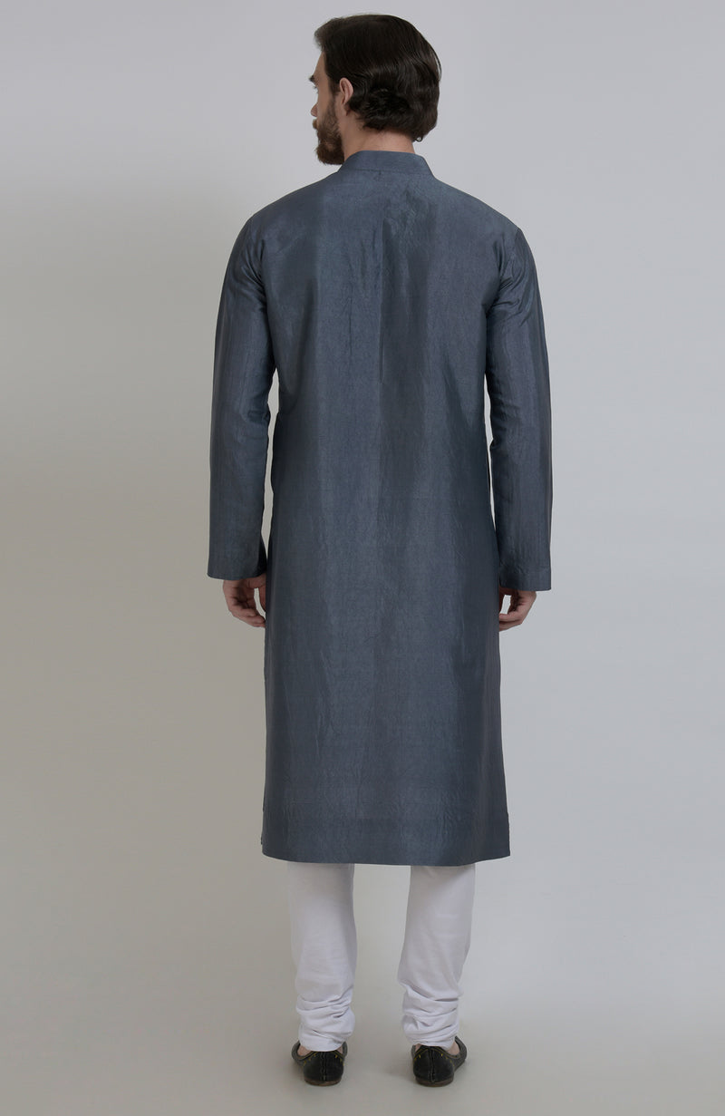 Grey Silk Kurta With Embroidered Placket Detail