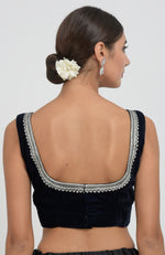 Midnight Blue Kashmiri Silver Tilla Aari Embroidered Velvet Saree