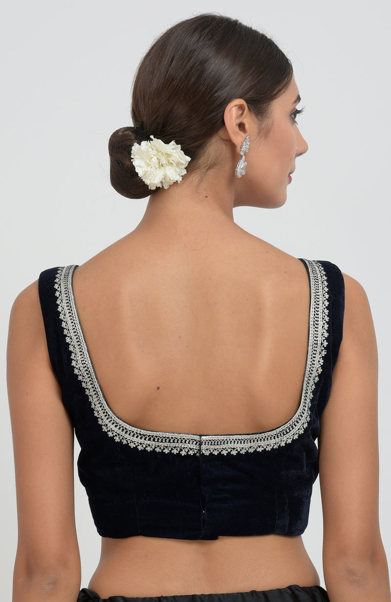 Midnight Blue Kashmiri Silver Tilla Aari Embroidered Velvet Saree