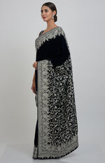 Midnight Blue Kashmiri Silver Tilla Aari Embroidered Velvet Saree