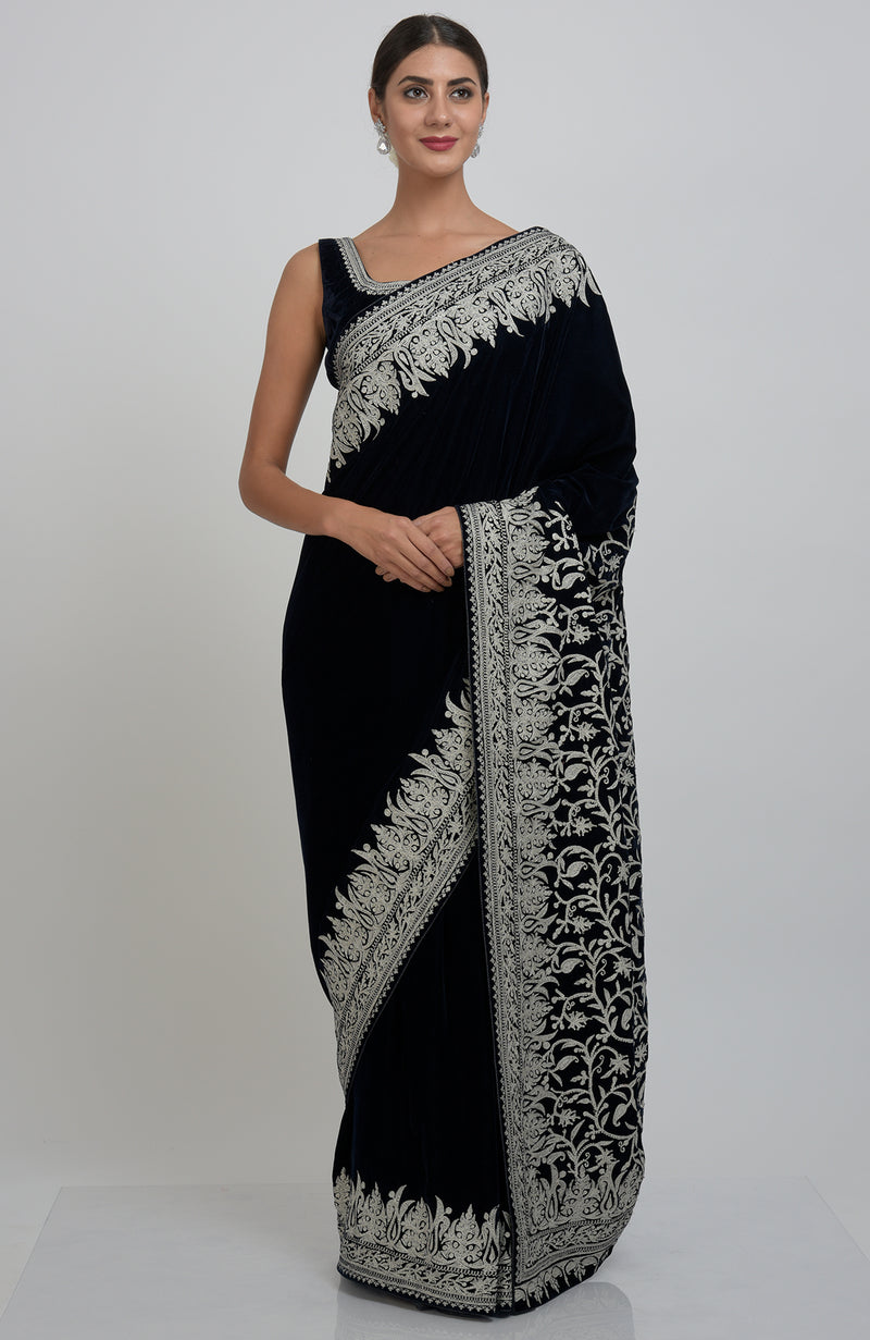 Midnight Blue Kashmiri Silver Tilla Aari Embroidered Velvet Saree