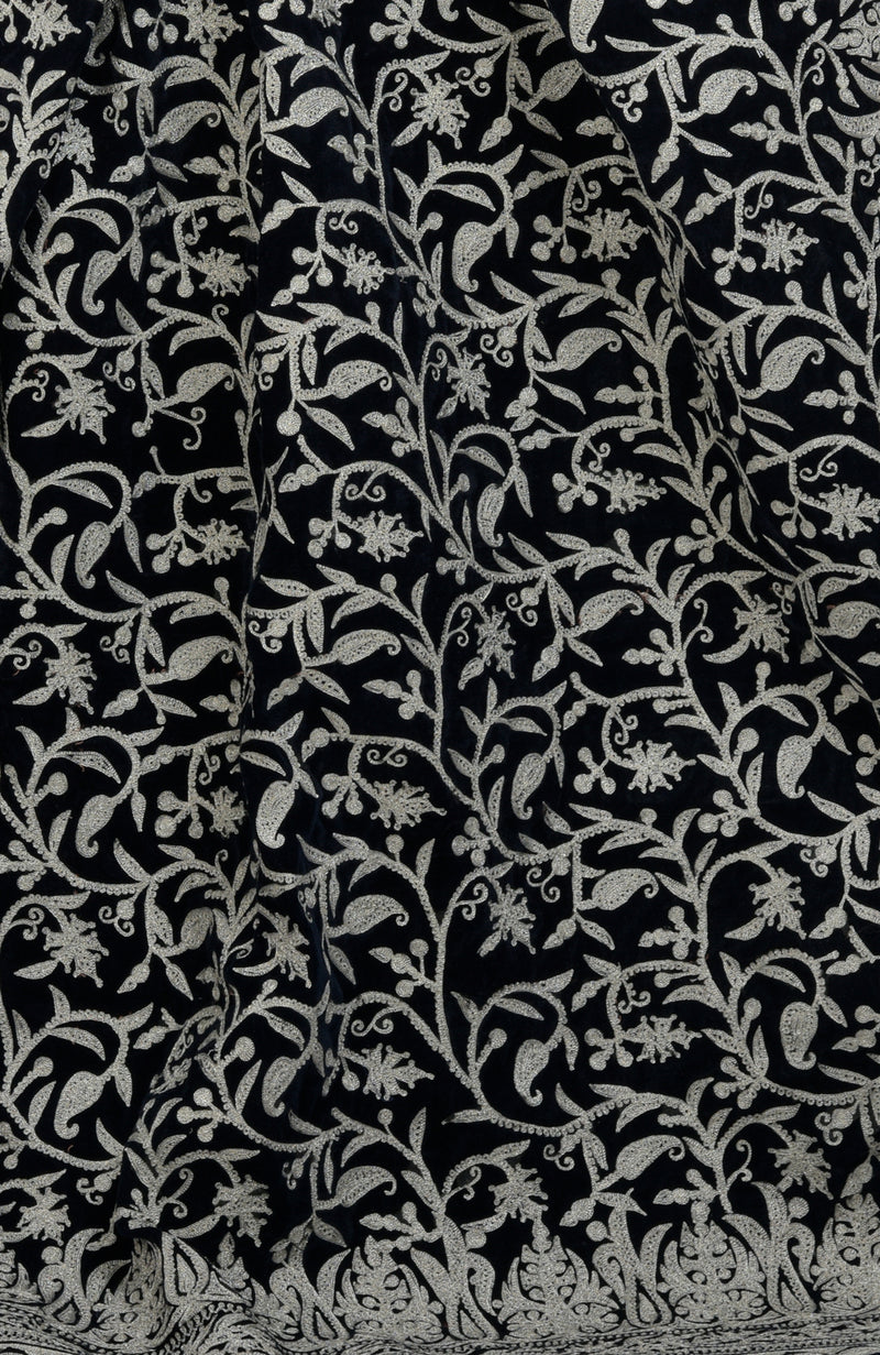 Midnight Blue Kashmiri Silver Tilla Aari Embroidered Velvet Saree