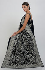 Midnight Blue Kashmiri Silver Tilla Aari Embroidered Velvet Saree