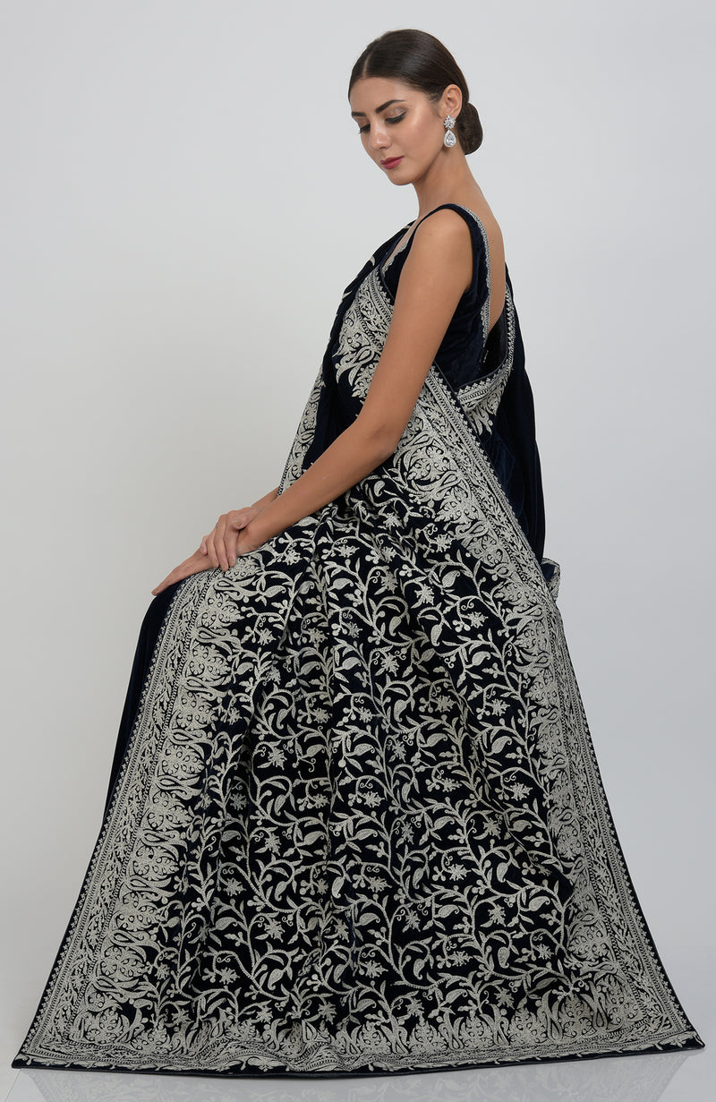 Midnight Blue Kashmiri Silver Tilla Aari Embroidered Velvet Saree